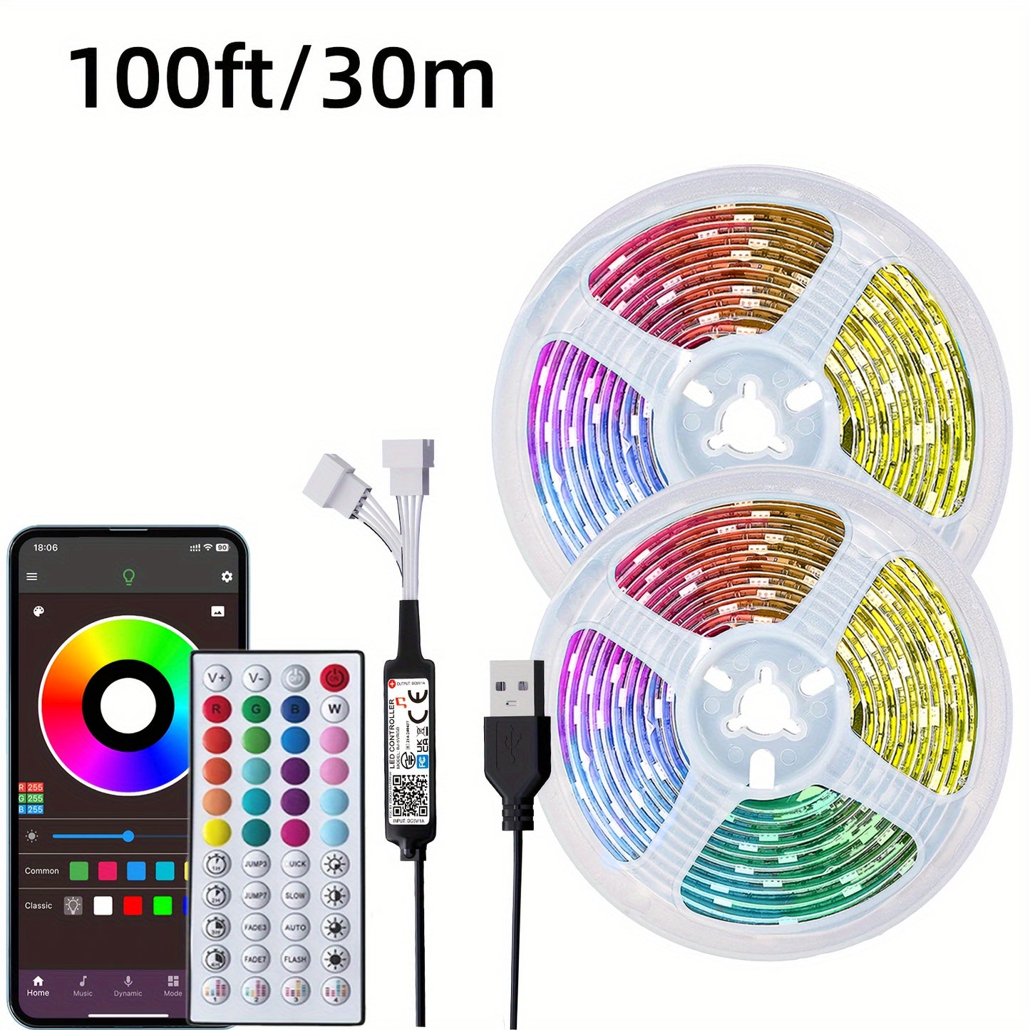 Music-Synced LED Strip Lights 4.88meter-30.48meter - Color Changing, App & Remote Control, Adjustable Brightness, Timer Setting, Cut-to-Fit for Bedroom, Living Room, Gaming Area & More