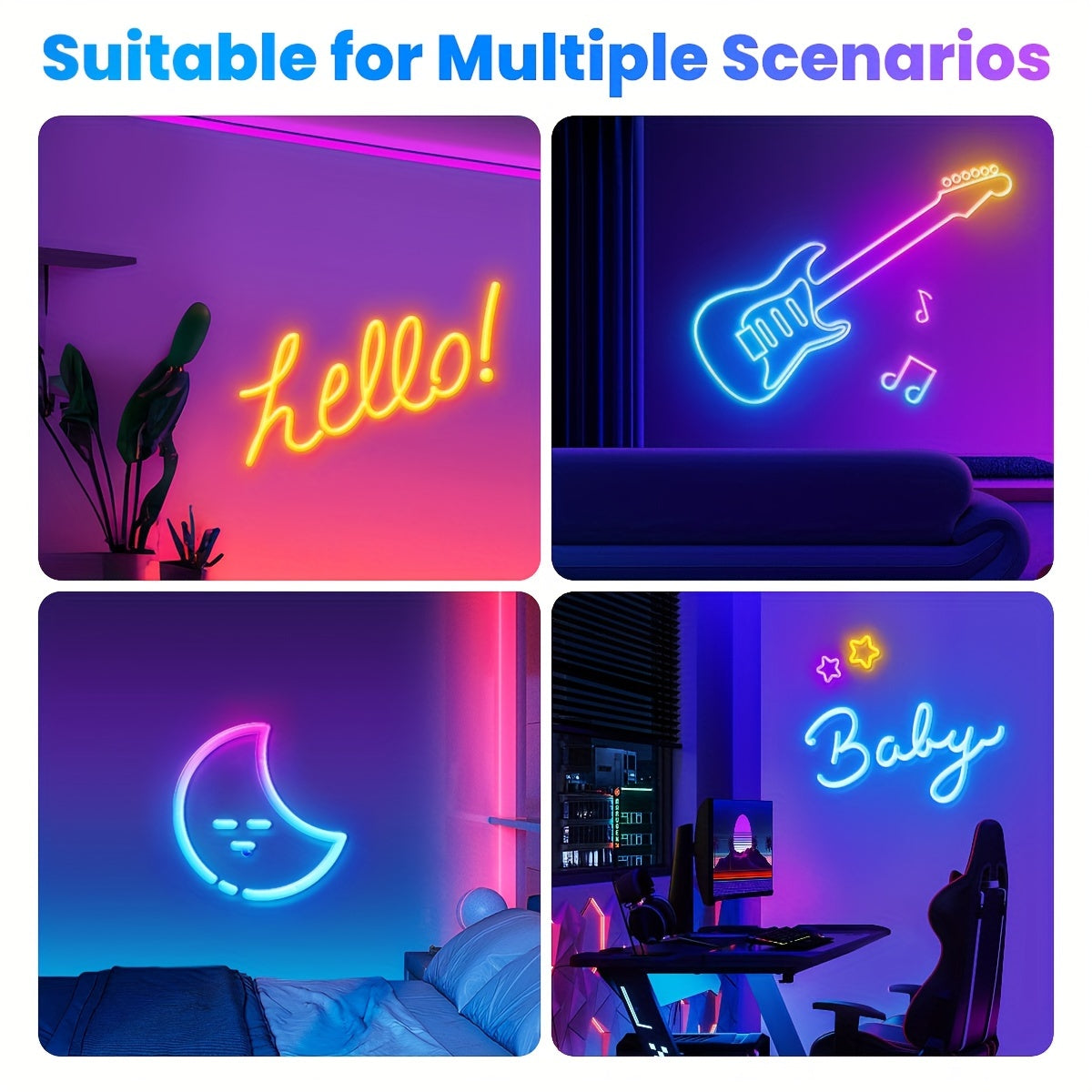 Mexllex RGB Neon Light Strip With 44-Key Remote Control, Connect With APP, Color And Brightness Adjustable, Music Mode, DIY Function, Used For Bedroom, Living Room, Study, Gift, Etc (EU Plug)