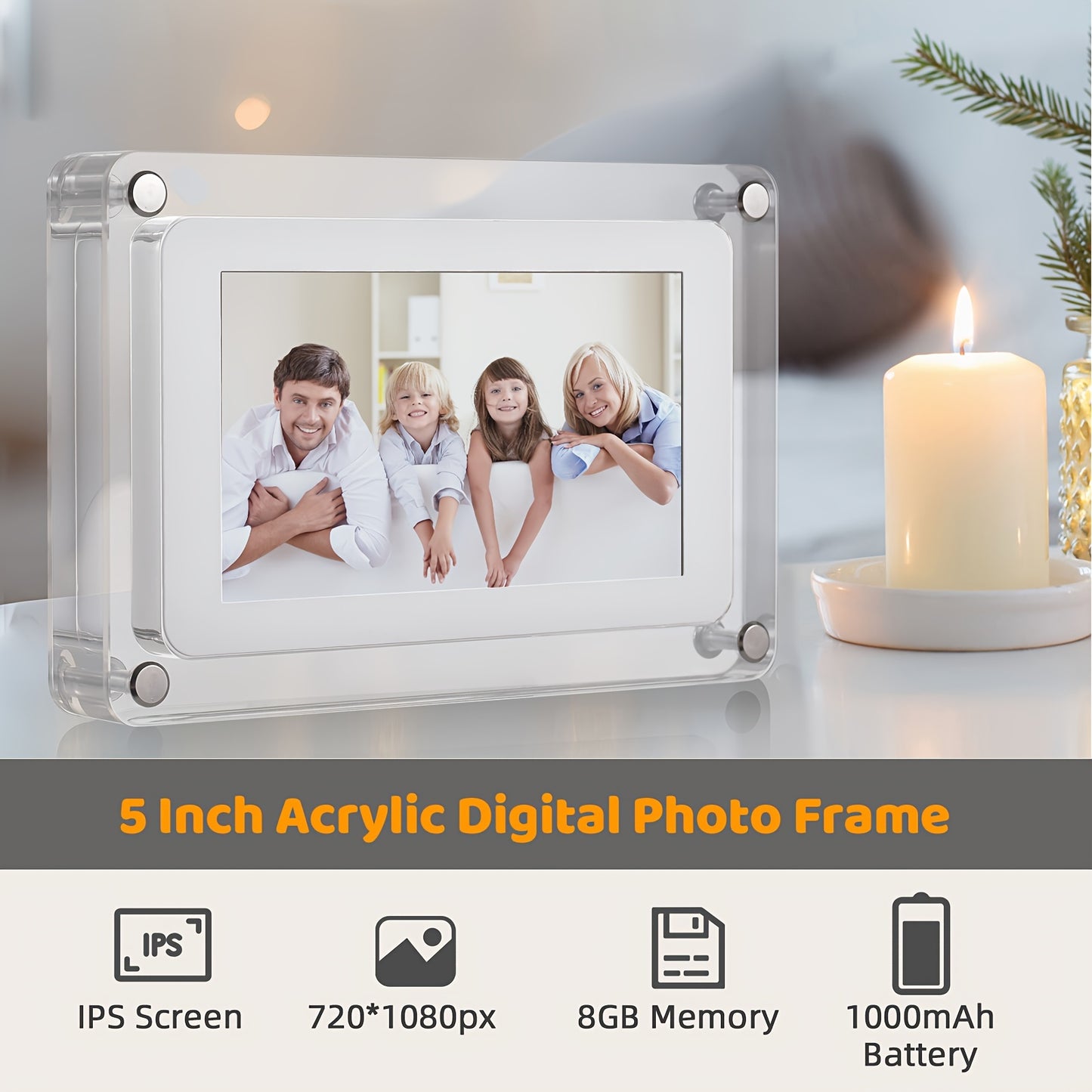 5-inch acrylic digital photo frame Can play pictures, music and videos Support automatic picture rotation function Comes with 8GB memory