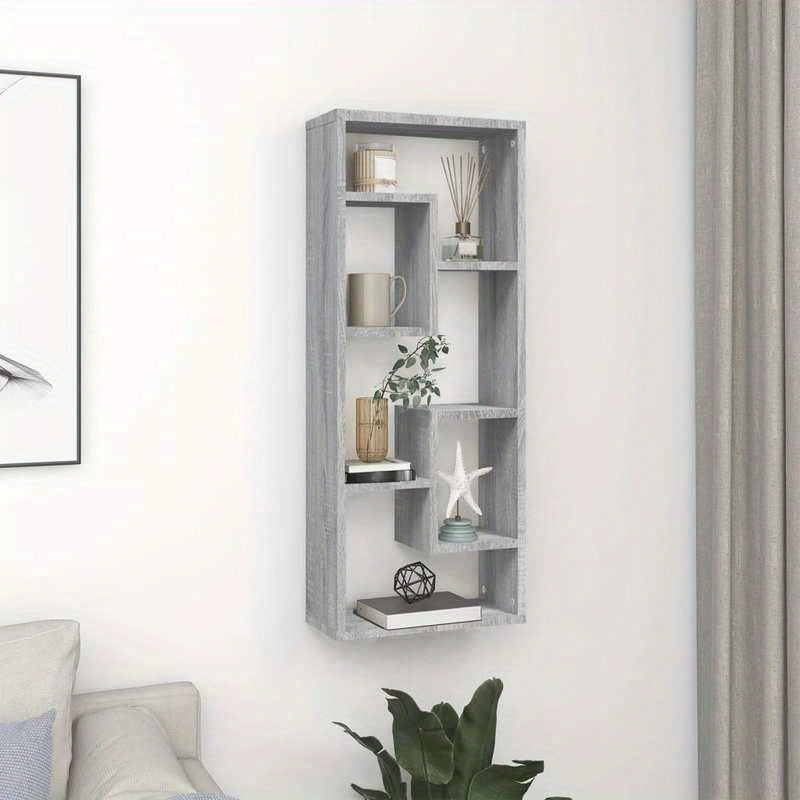 Contemporary Wooden Floating Wall Shelf with Storage – Modern Geometric Wall-Mount Shelving Unit for Living Room, Bedroom, Office – Versatile & Decorative Sonoma Grey Wood Hanging Display Shelves