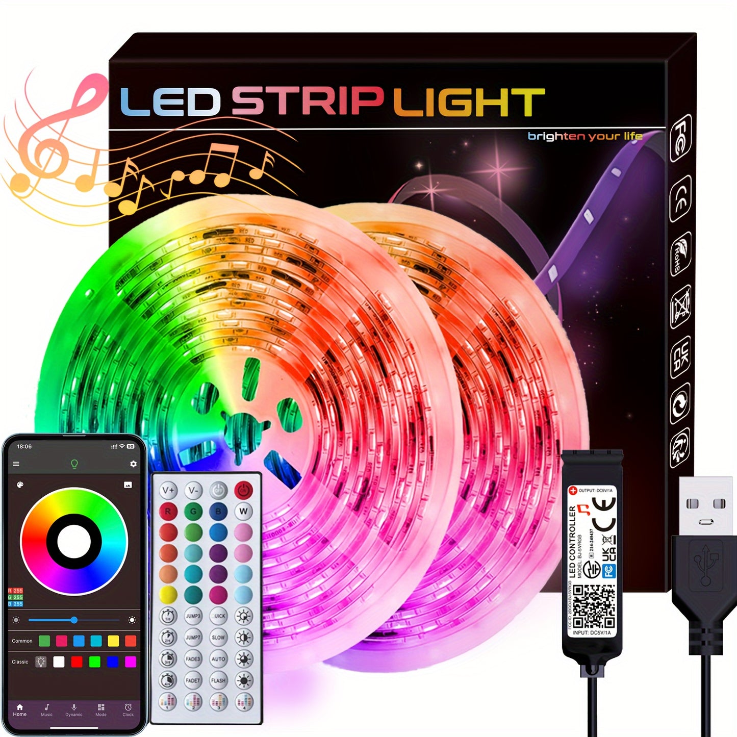 Music-Synced LED Strip Lights 4.88meter-30.48meter - Color Changing, App & Remote Control, Adjustable Brightness, Timer Setting, Cut-to-Fit for Bedroom, Living Room, Gaming Area & More