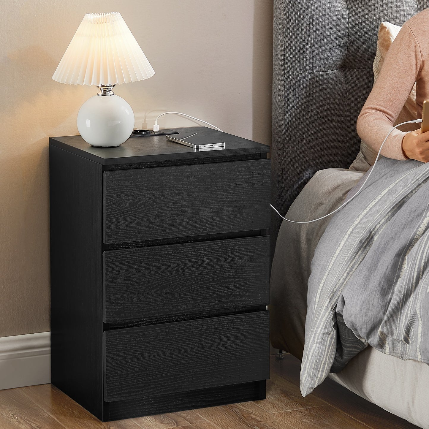 VASAGLE Nightstand with Charging Station, Side Table with 3 Drawers, 2 AC Sockets, 2 USB Ports, for Living Room, Bedroom, Study, Modern