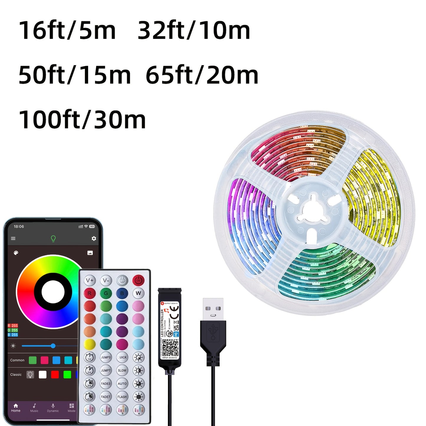 Music-Synced LED Strip Lights 4.88meter-30.48meter - Color Changing, App & Remote Control, Adjustable Brightness, Timer Setting, Cut-to-Fit for Bedroom, Living Room, Gaming Area & More