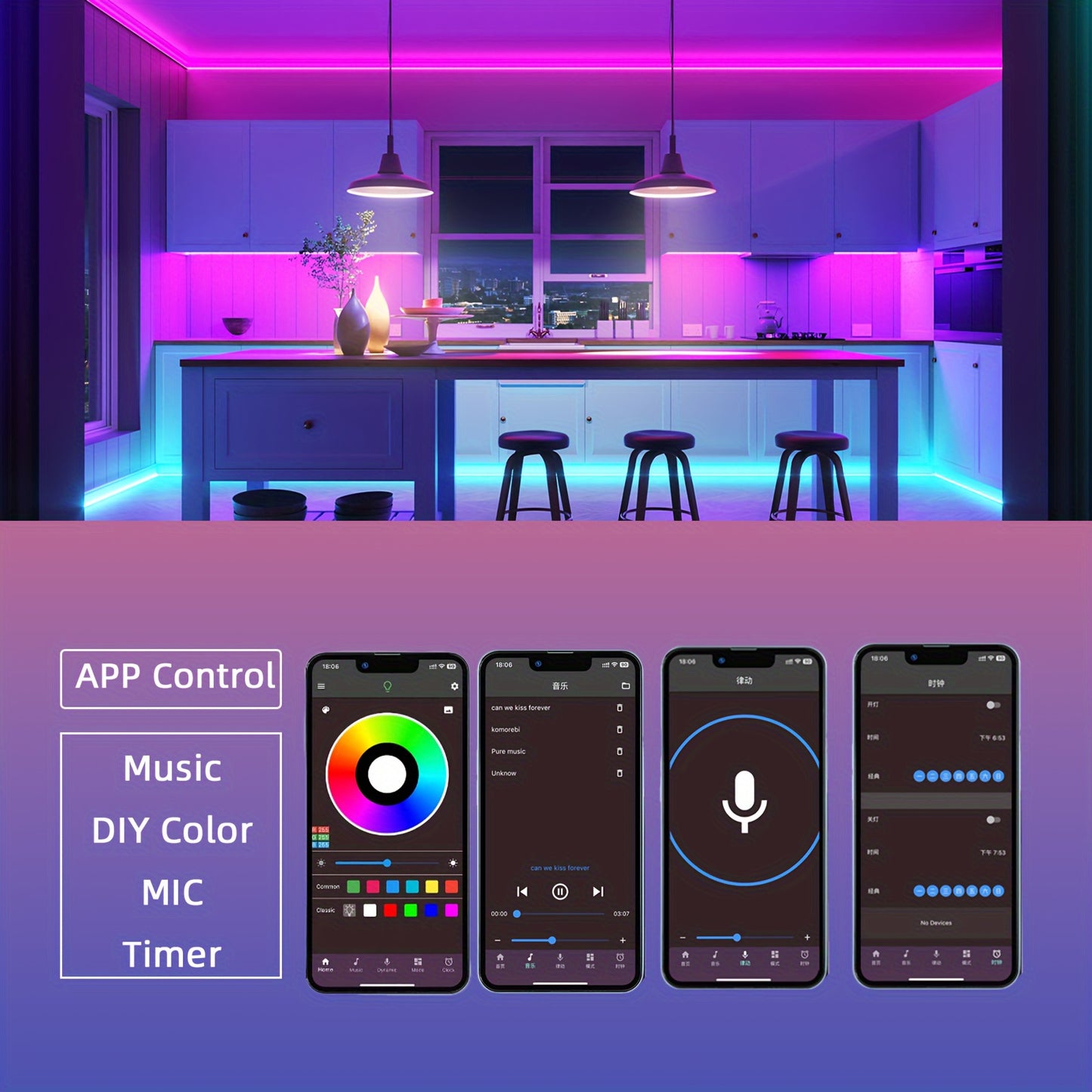 Music-Synced LED Strip Lights 4.88meter-30.48meter - Color Changing, App & Remote Control, Adjustable Brightness, Timer Setting, Cut-to-Fit for Bedroom, Living Room, Gaming Area & More