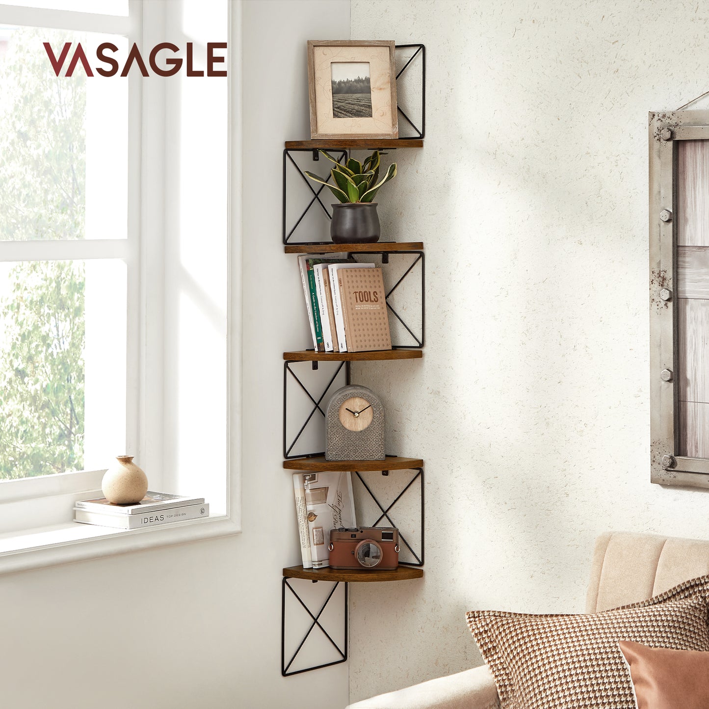 VASAGLE Wall Shelf, Wall Shelves, Corner Shelf with 5 Shelves, Corner Bookcase, for Kitchen, Study, Bedroom, Living Room, Bathroom, Easy to Assemble, Rustic Brown and Black