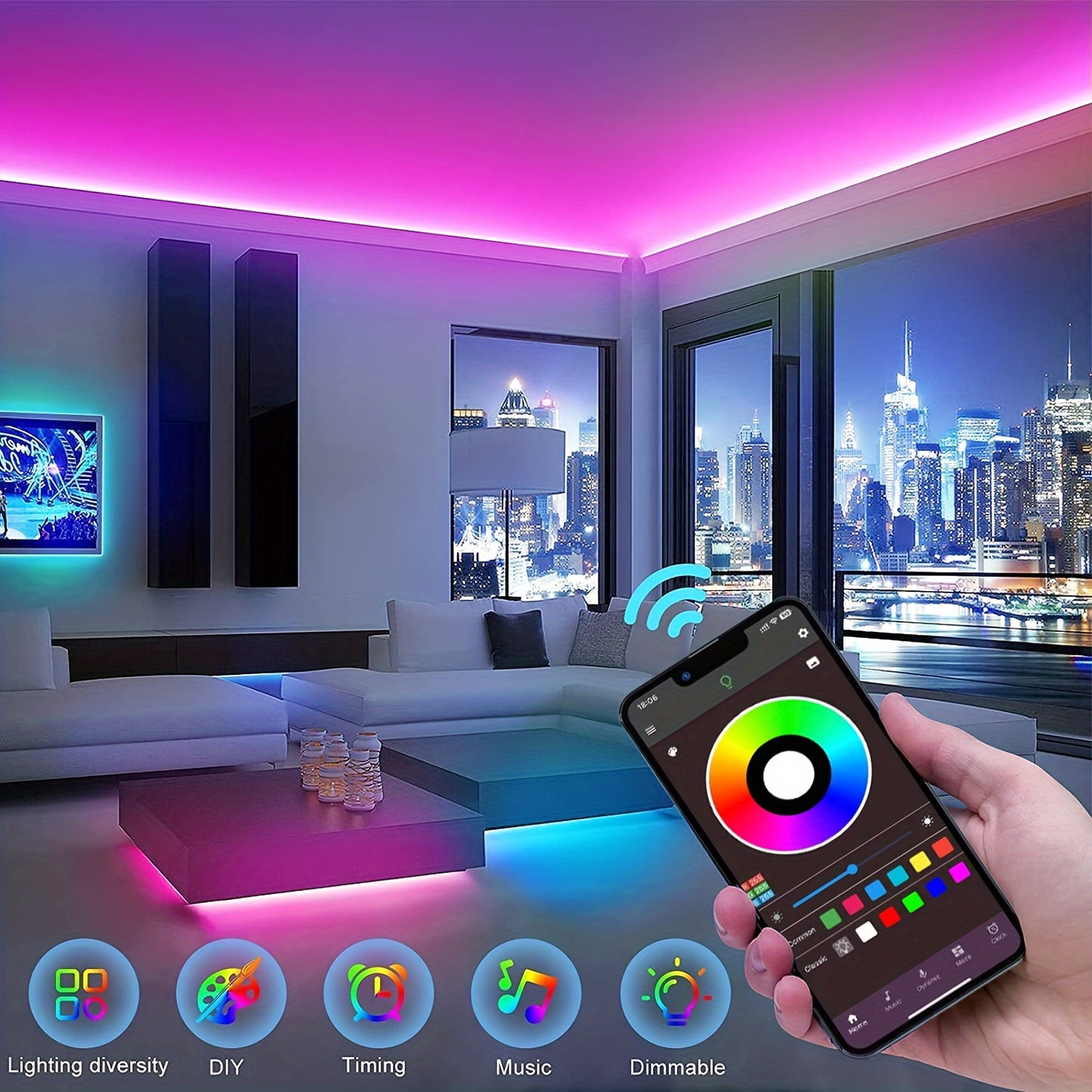 Music-Synced LED Strip Lights 4.88meter-30.48meter - Color Changing, App & Remote Control, Adjustable Brightness, Timer Setting, Cut-to-Fit for Bedroom, Living Room, Gaming Area & More