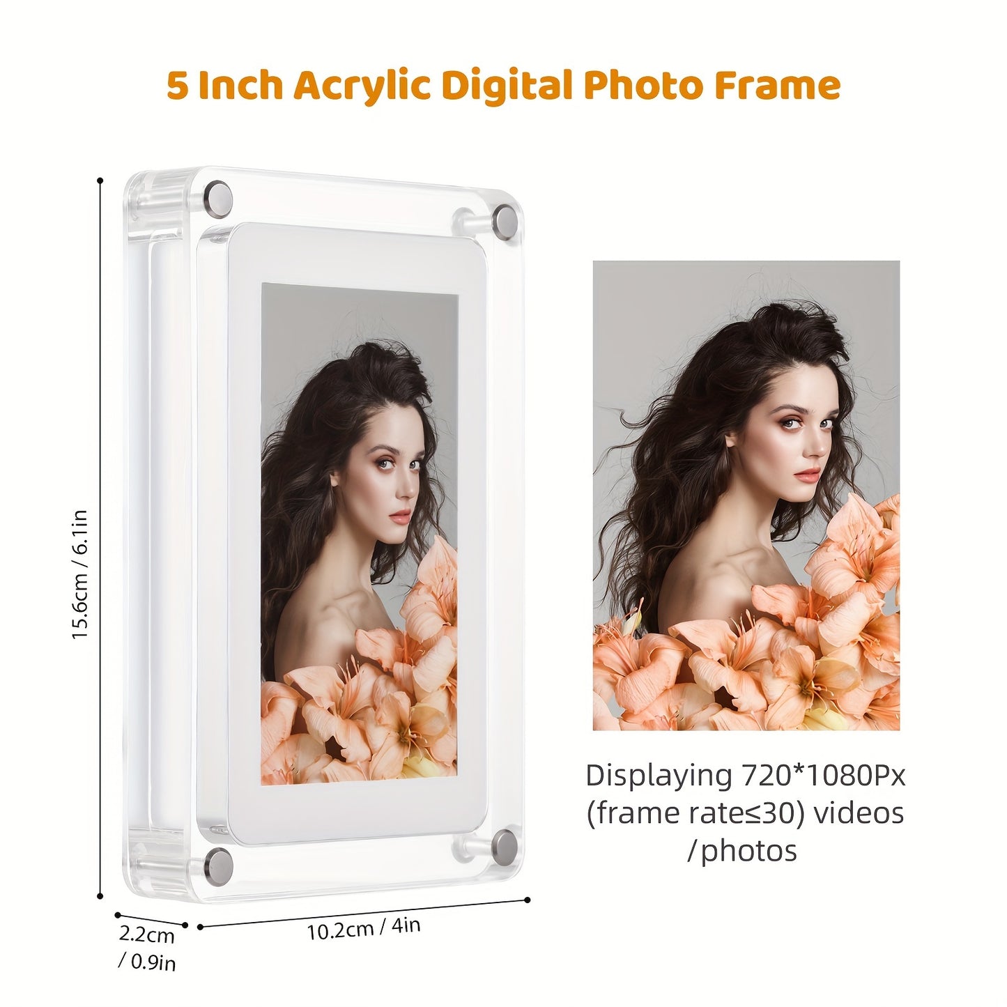 5-inch acrylic digital photo frame Can play pictures, music and videos Support automatic picture rotation function Comes with 8GB memory