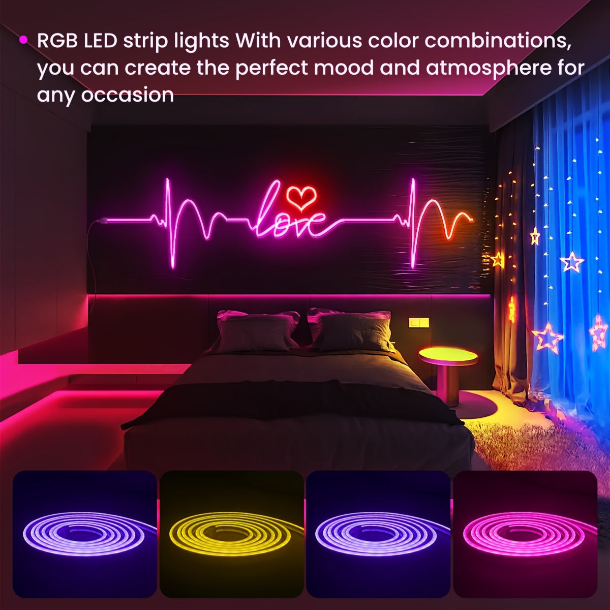 Mexllex RGB Neon Light Strip With 44-Key Remote Control, Connect With APP, Color And Brightness Adjustable, Music Mode, DIY Function, Used For Bedroom, Living Room, Study, Gift, Etc (EU Plug)