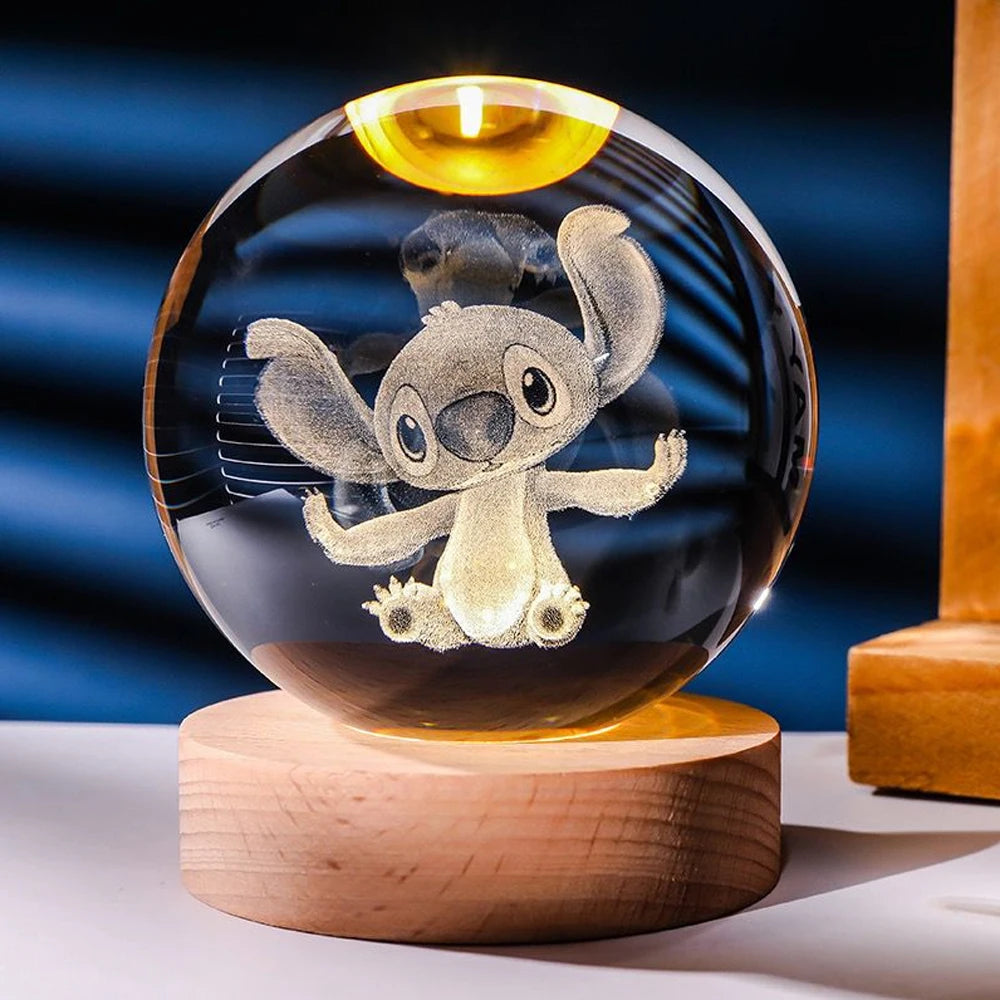 Hot 6cm 3D Crystal Ball Stitch Pikachu Wooden base with 6cm crystal ball Planet Night Light Laser Carving Children's Gifts