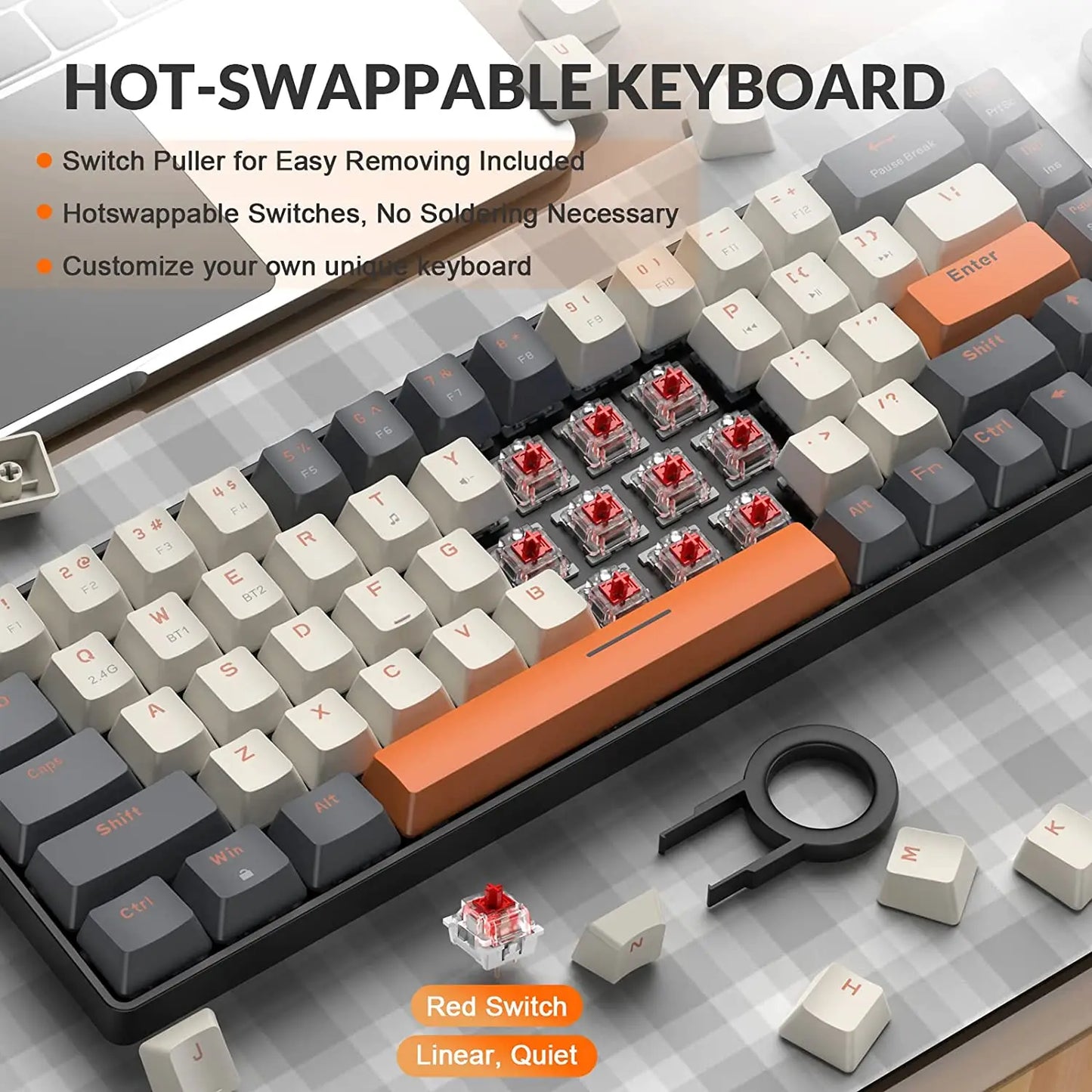 Hot-Swappable K68 - 60% Wireless Mechanical Keyboard Bluetooth Dual Mode