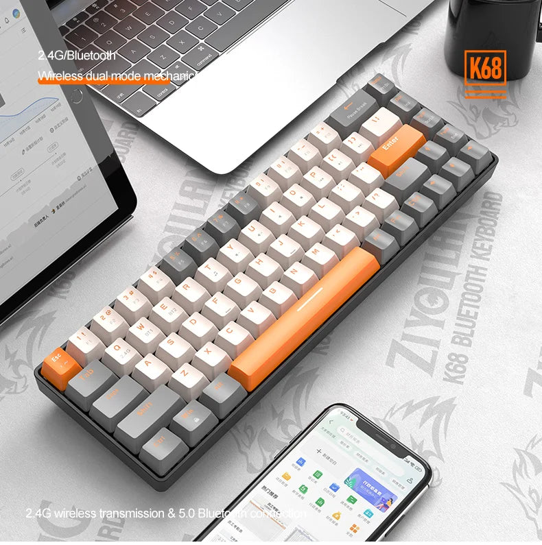 Hot-Swappable K68 - 60% Wireless Mechanical Keyboard Bluetooth Dual Mode