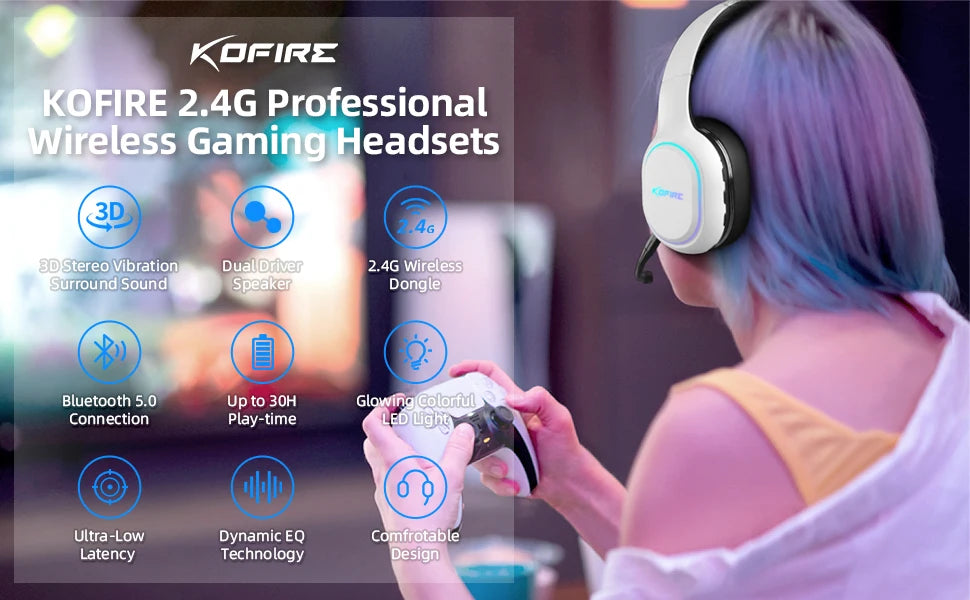 KOFIRE UG-05 2.4GHz / Wireless Bluetooth Gaming Headset for PC, Dynamic EQ Ultra-Low Latency, 30H Playtime with Microphone