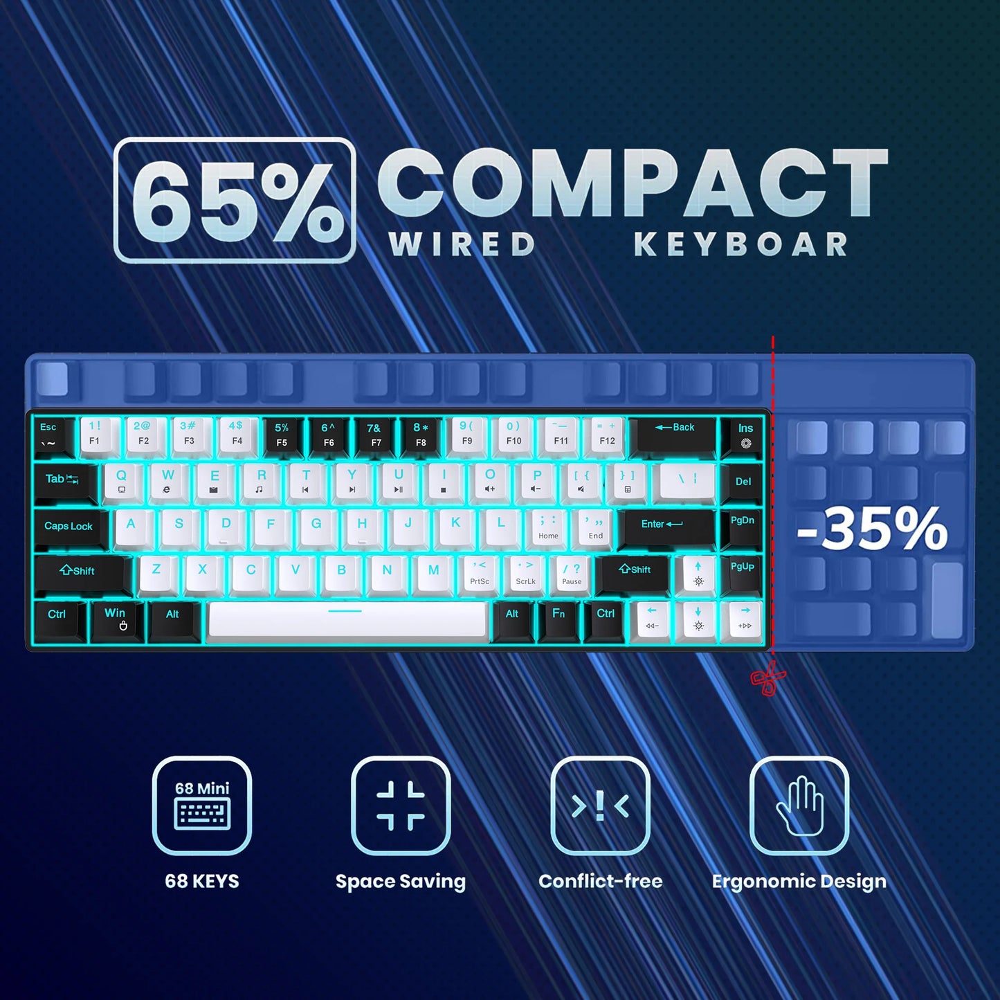 Hot Swap - 68 Tasten Mechanische Tastatur Ergonomische RGB Hintergrundbeleuchtung LED Blau Schalter Gaming