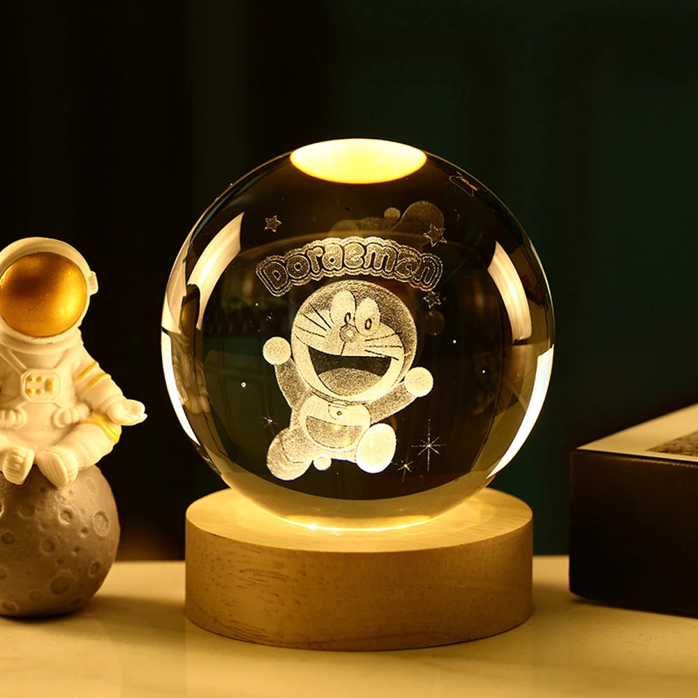 Hot 6cm 3D Crystal Ball Stitch Pikachu Wooden base with 6cm crystal ball Planet Night Light Laser Carving Children's Gifts