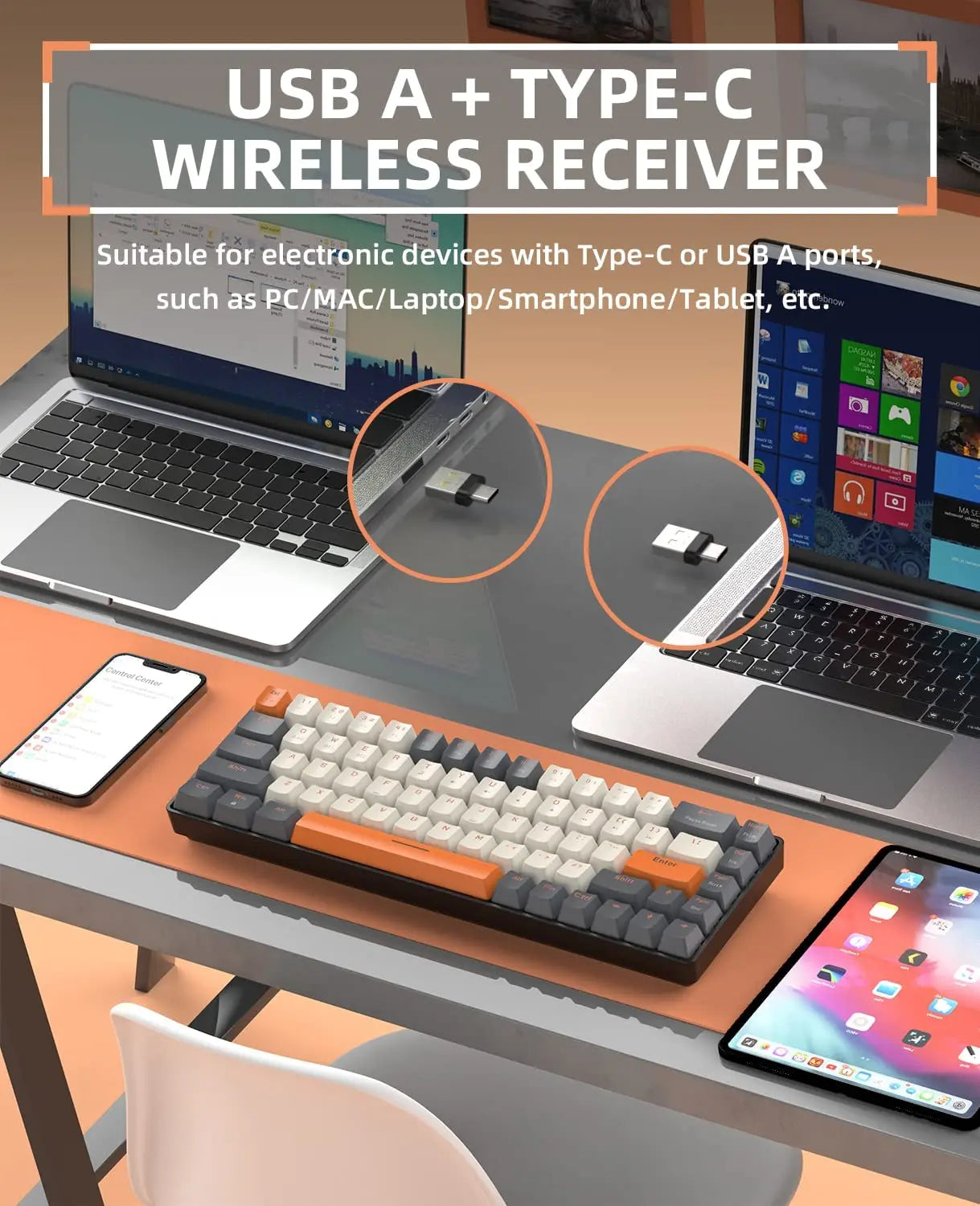 Hot-Swappable K68 - 60% Wireless Mechanical Keyboard Bluetooth Dual Mode