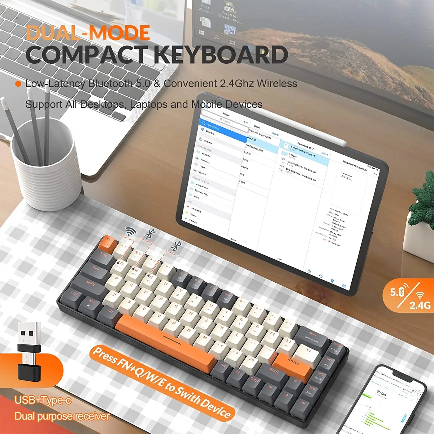 Hot-Swappable K68 - 60% Wireless Mechanical Keyboard Bluetooth Dual Mode