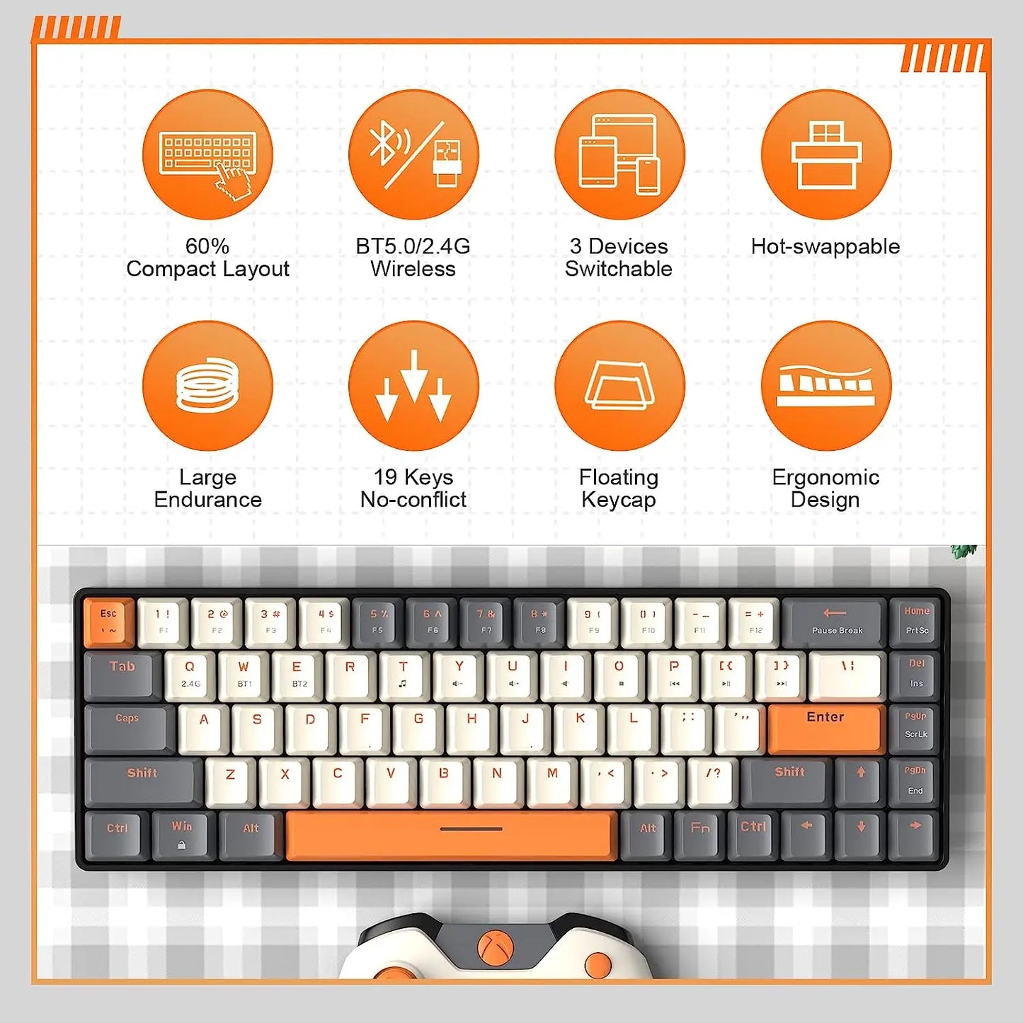 Hot-Swappable K68 - 60% Wireless Mechanical Keyboard Bluetooth Dual Mode