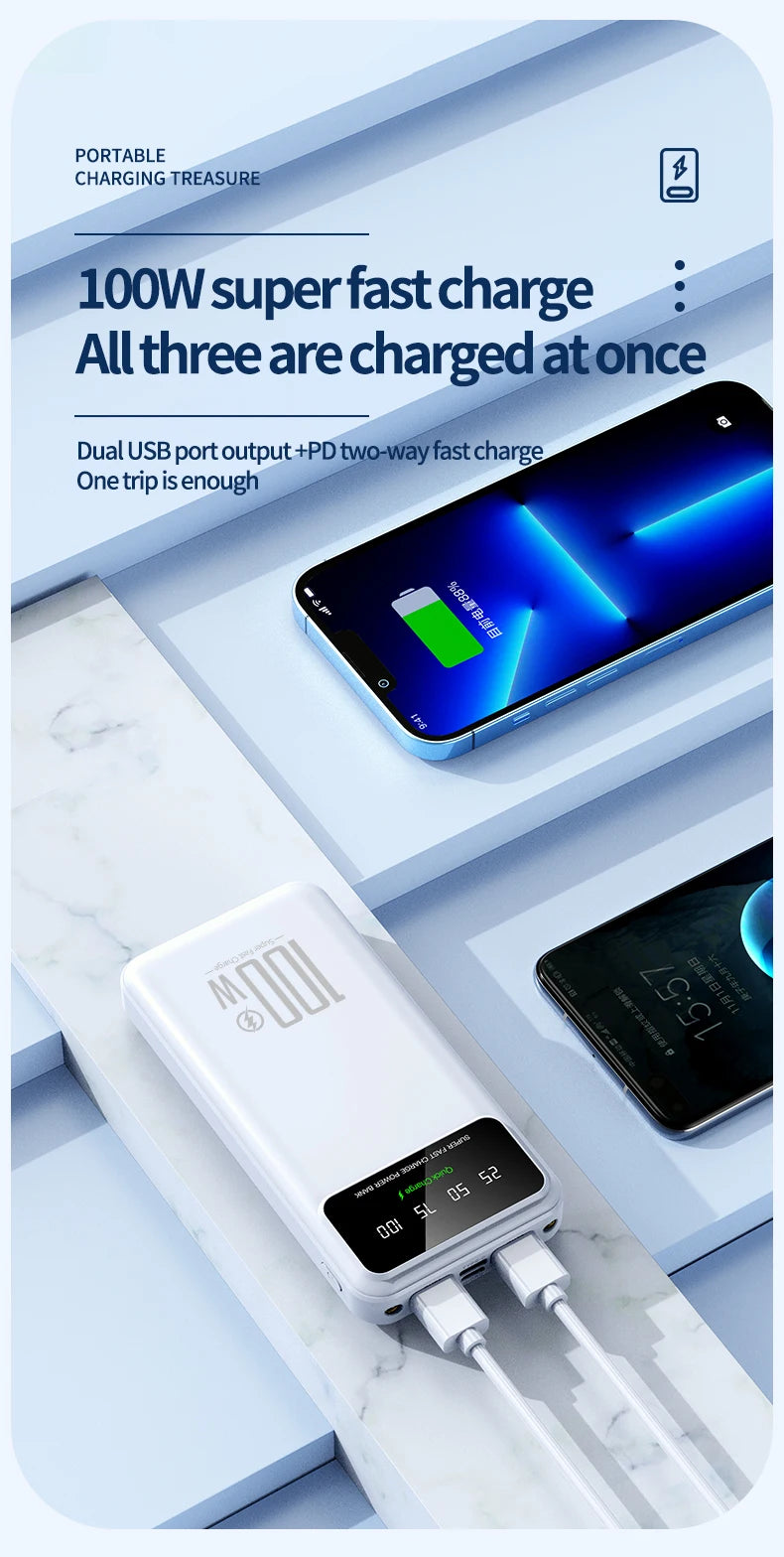 50000mAh Portable High Capacity 100W Quick Charging Power Bank External Battery Pack Mobile Power For iPhone Huawei Samsung