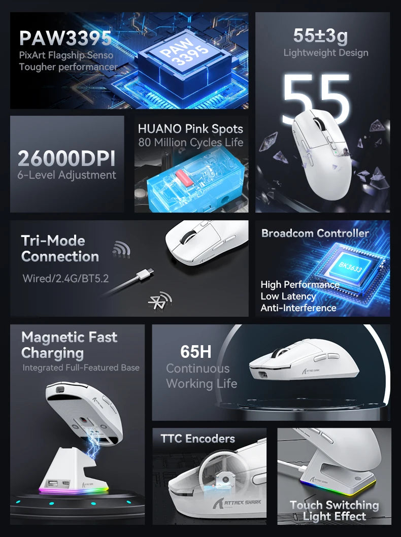 Attack Shark X6 - Tri-Mode Connection RGB Touch Magnetic Charging Base