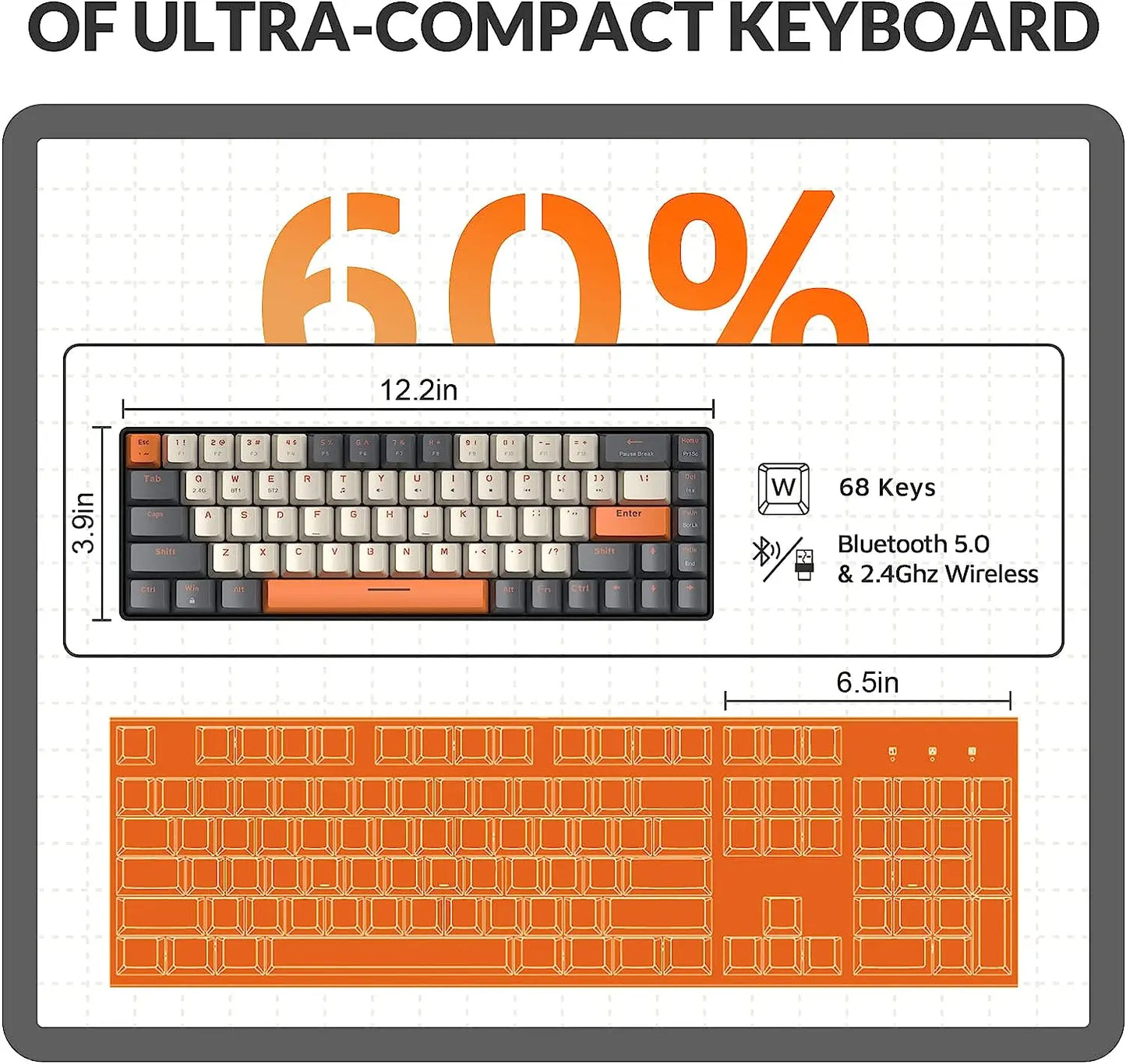 Hot-Swappable K68 - 60% Wireless Mechanical Keyboard Bluetooth Dual Mode