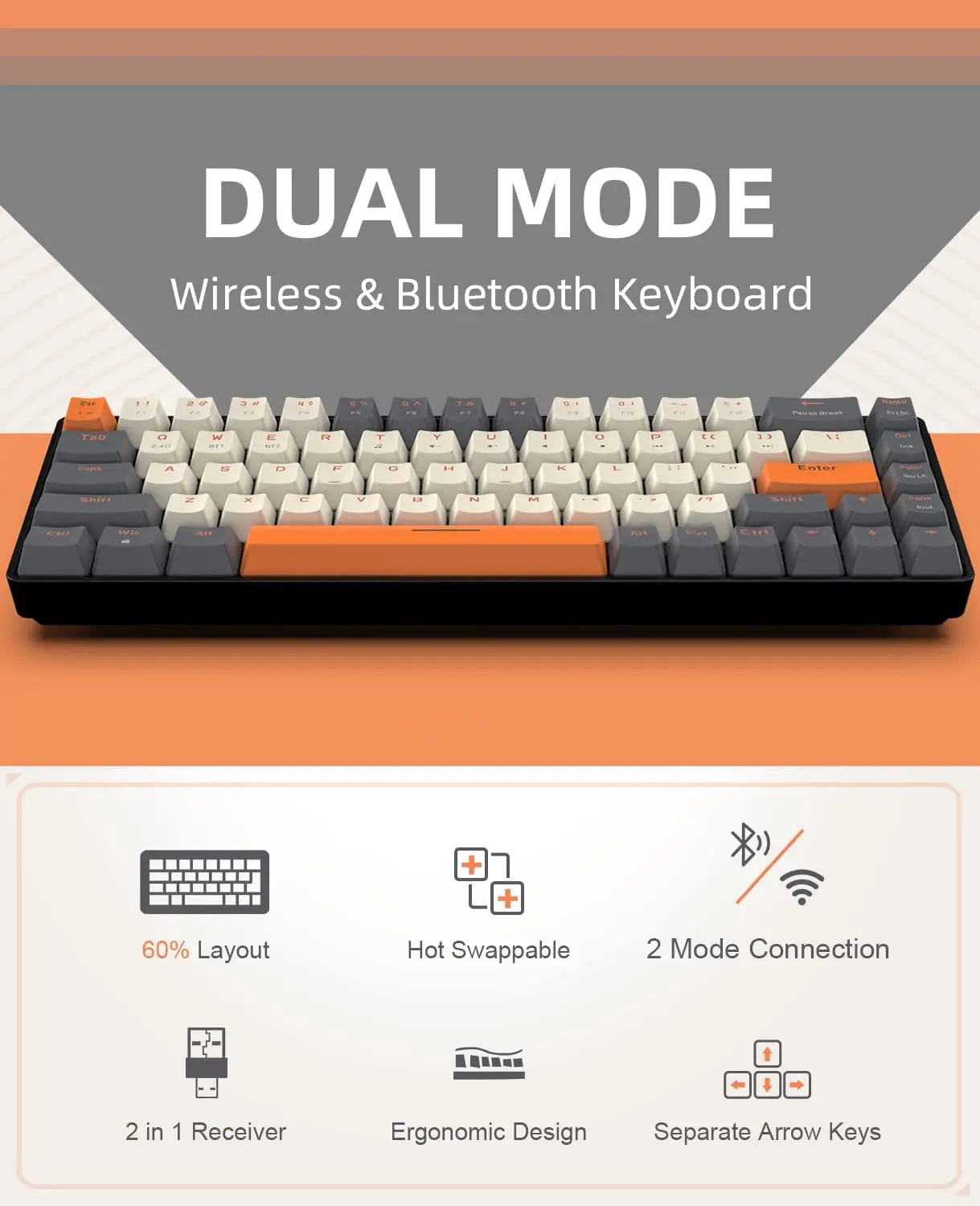 Hot-Swappable K68 - 60% Wireless Mechanical Keyboard Bluetooth Dual Mode