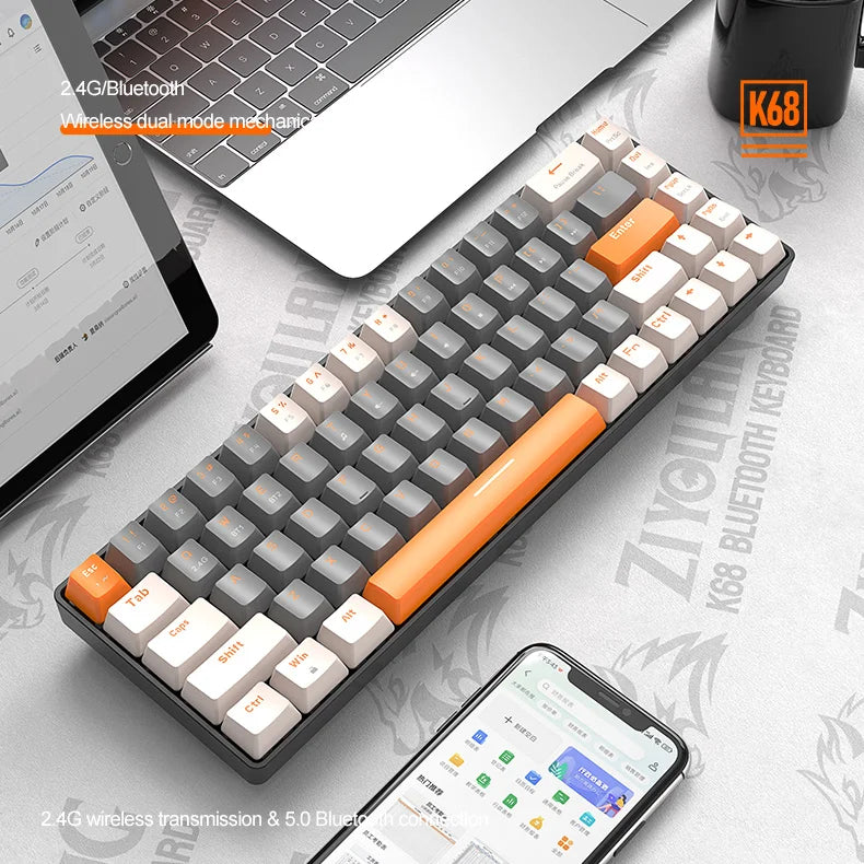 Hot-Swappable K68 - 60% Wireless Mechanical Keyboard Bluetooth Dual Mode