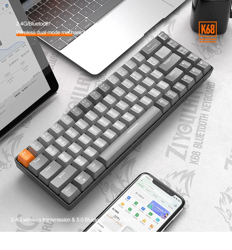 Hot-Swappable K68 - 60% Wireless Mechanical Keyboard Bluetooth Dual Mode