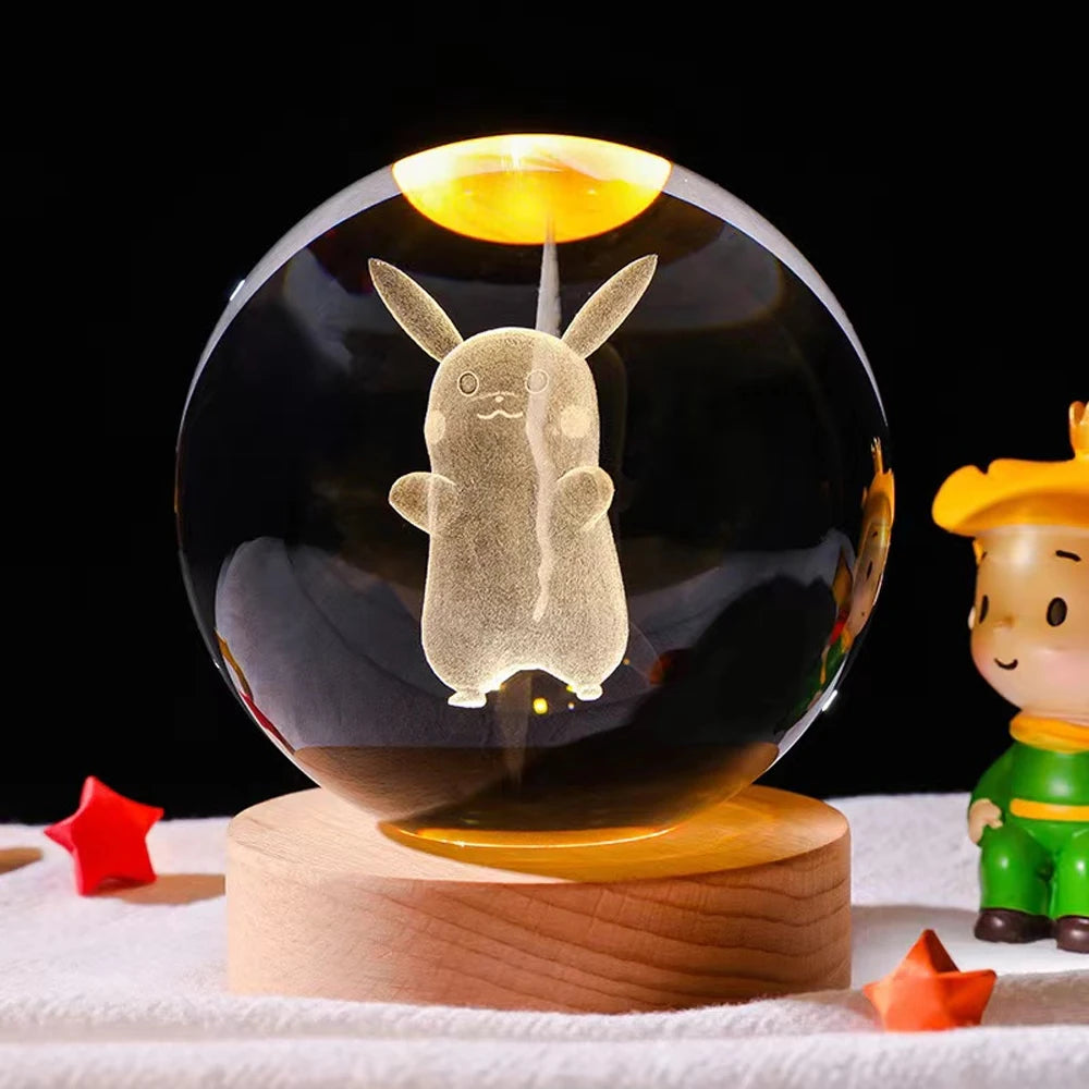 Hot 6cm 3D Crystal Ball Stitch Pikachu Wooden base with 6cm crystal ball Planet Night Light Laser Carving Children's Gifts