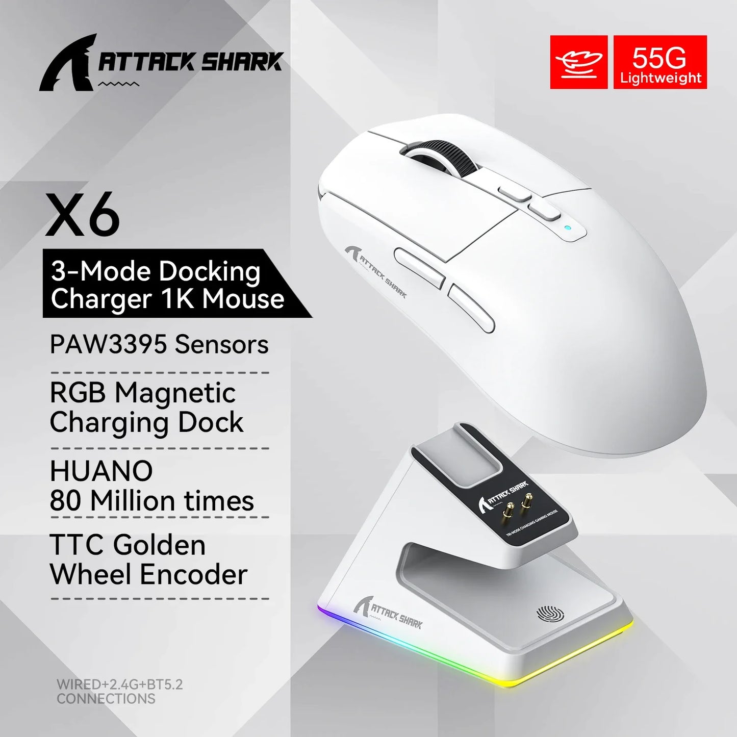 Attack Shark X6 - Tri-Mode Connection RGB Touch Magnetic Charging Base