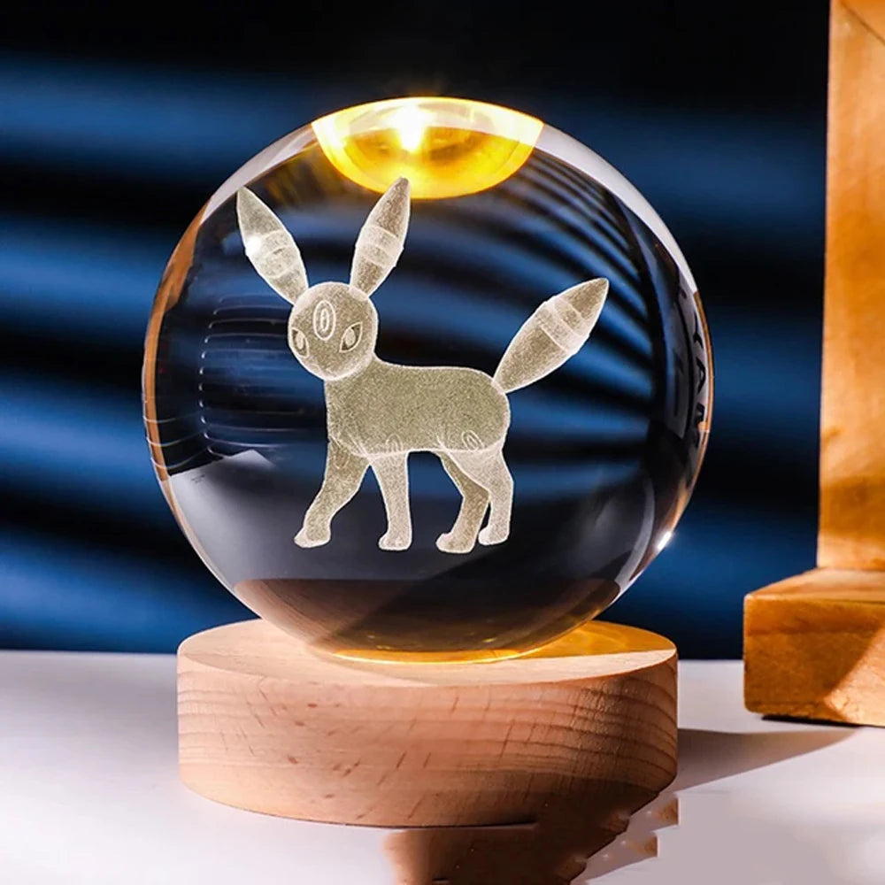 Hot 6cm 3D Crystal Ball Stitch Pikachu Wooden base with 6cm crystal ball Planet Night Light Laser Carving Children's Gifts