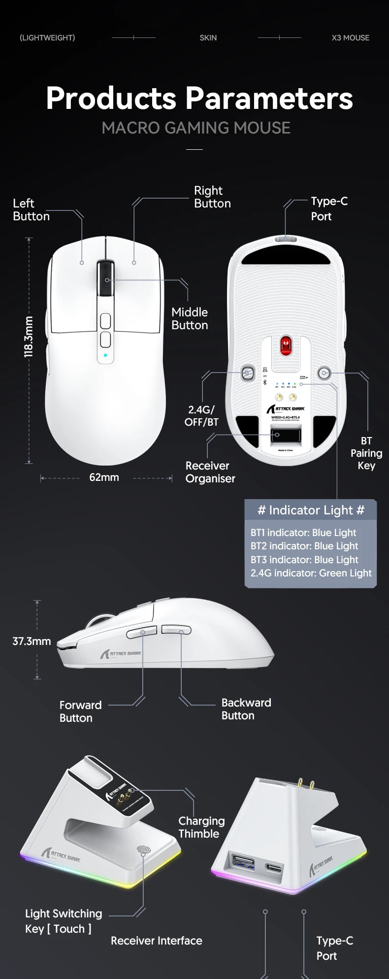 Attack Shark X6 - Tri-Mode Connection RGB Touch Magnetic Charging Base