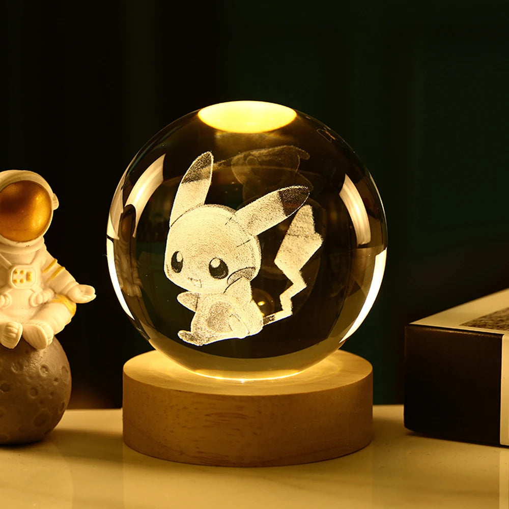 Hot 6cm 3D Crystal Ball Stitch Pikachu Wooden base with 6cm crystal ball Planet Night Light Laser Carving Children's Gifts