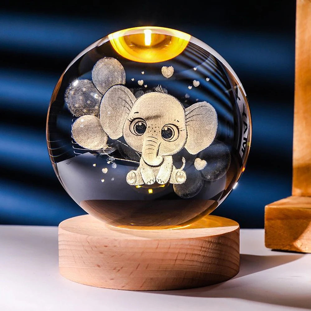 Hot 6cm 3D Crystal Ball Stitch Pikachu Wooden base with 6cm crystal ball Planet Night Light Laser Carving Children's Gifts