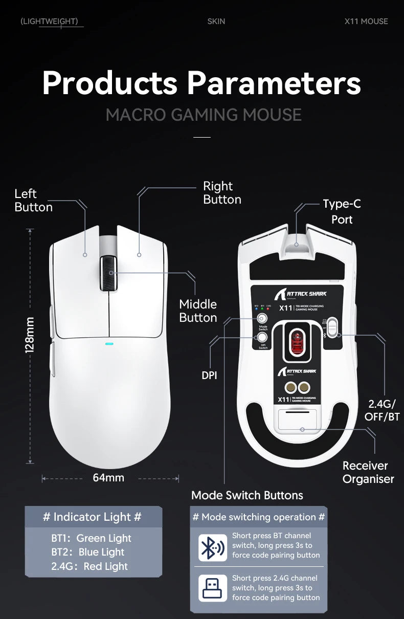 Attack Shark X11 - Wireless Mouse RGB Magnetic Charging