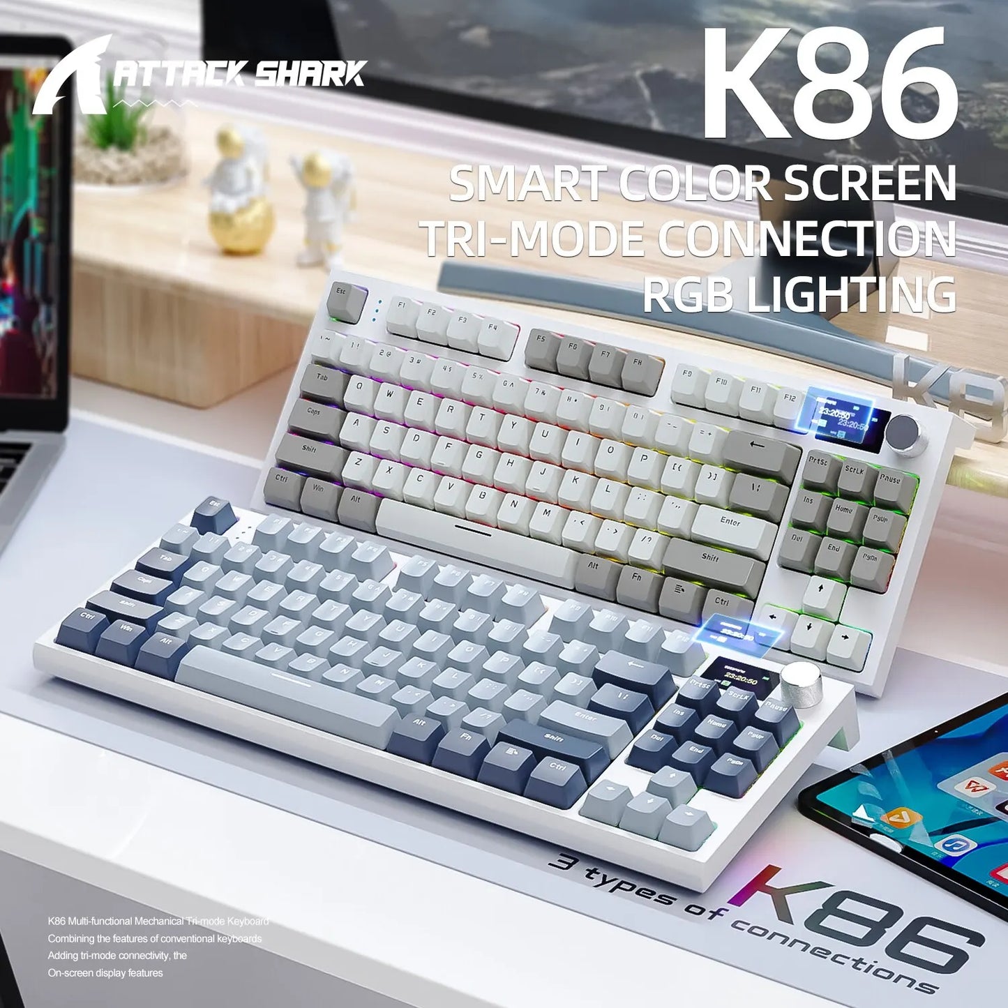 Hot-Swappable - K86 Wireless Hot-Swappable Mechanical Keyboard Bluetooth/2.4g With Display Screen and Volume Rotary Button for Games and Work