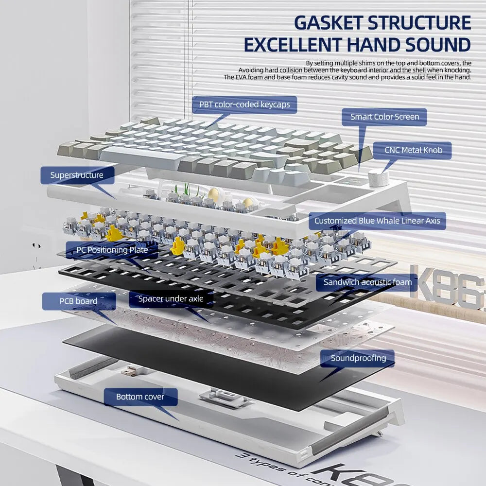 Hot-Swappable - K86 Wireless Hot-Swappable Mechanical Keyboard Bluetooth/2.4g With Display Screen and Volume Rotary Button for Games and Work