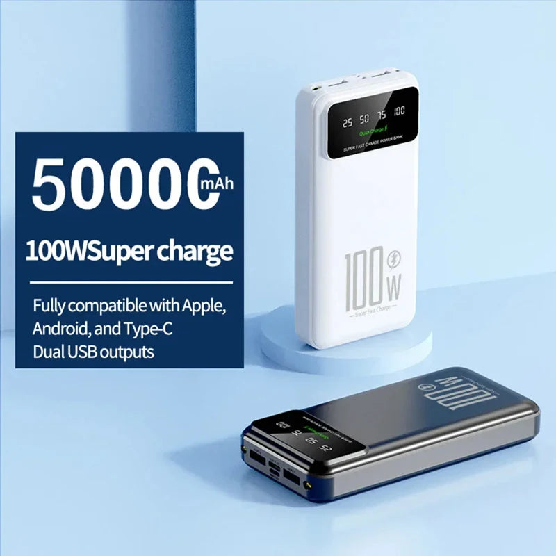 50000mAh Portable High Capacity 100W Quick Charging Power Bank External Battery Pack Mobile Power For iPhone Huawei Samsung