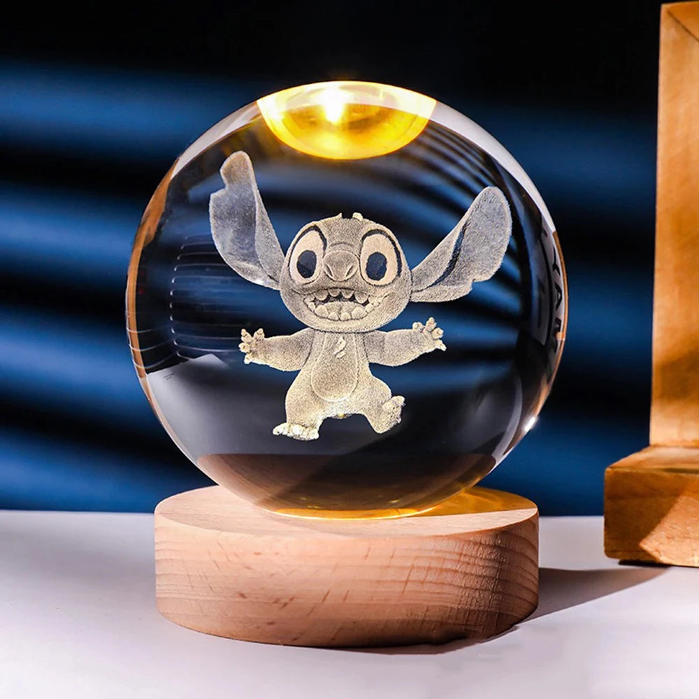 Hot 6cm 3D Crystal Ball Stitch Pikachu Wooden base with 6cm crystal ball Planet Night Light Laser Carving Children's Gifts