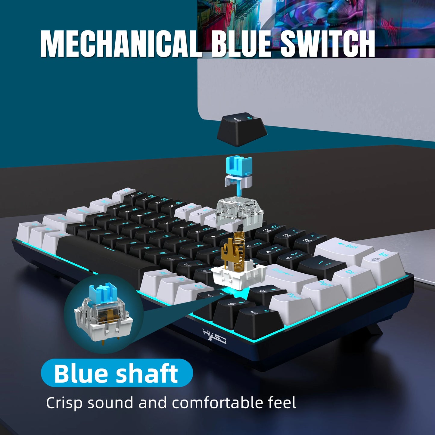 Hot Swap - 68 Tasten Mechanische Tastatur Ergonomische RGB Hintergrundbeleuchtung LED Blau Schalter Gaming