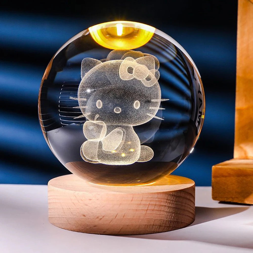 Hot 6cm 3D Crystal Ball Stitch Pikachu Wooden base with 6cm crystal ball Planet Night Light Laser Carving Children's Gifts