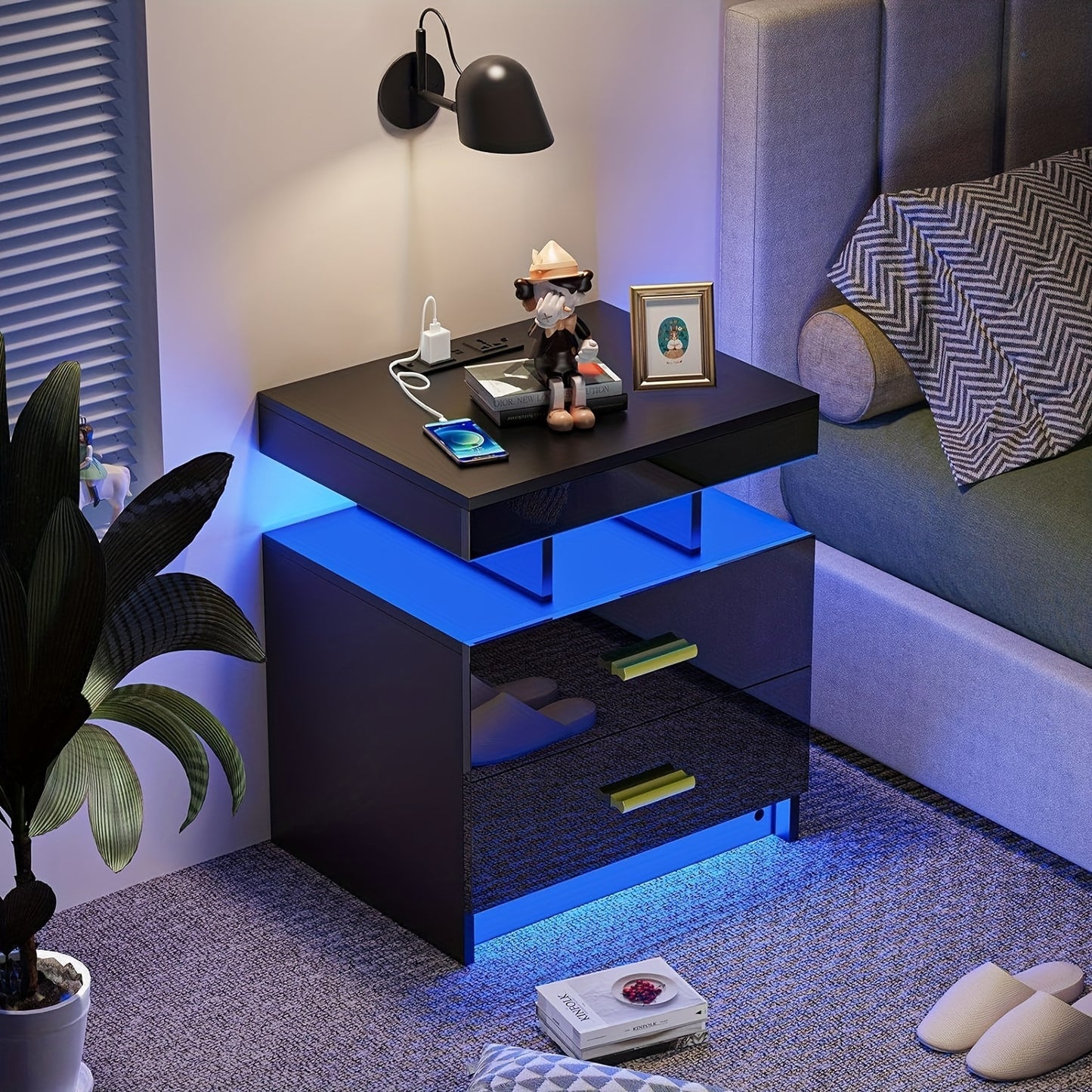 Bedside Table, Night Table With 2 Drawers, Connected Bedside Table, Side Table For Bedroom, Living Room