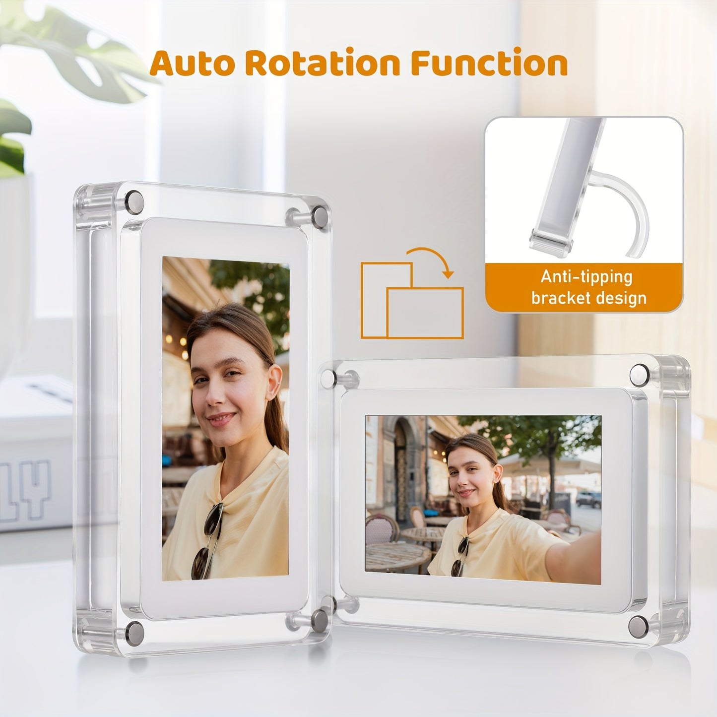 5-inch acrylic digital photo frame Can play pictures, music and videos Support automatic picture rotation function Comes with 8GB memory