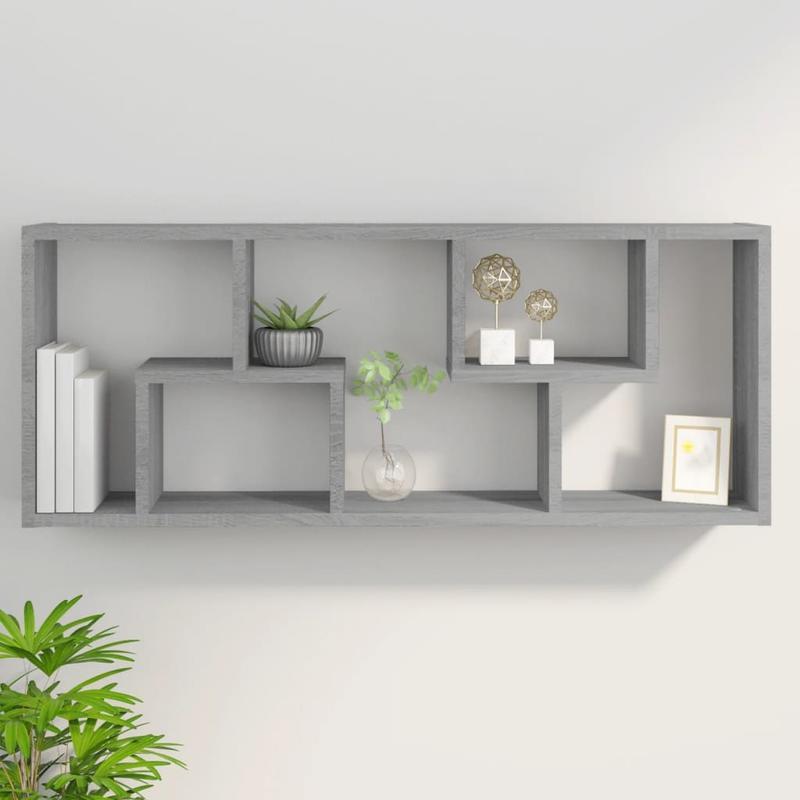 Contemporary Wooden Floating Wall Shelf with Storage – Modern Geometric Wall-Mount Shelving Unit for Living Room, Bedroom, Office – Versatile & Decorative Sonoma Grey Wood Hanging Display Shelves