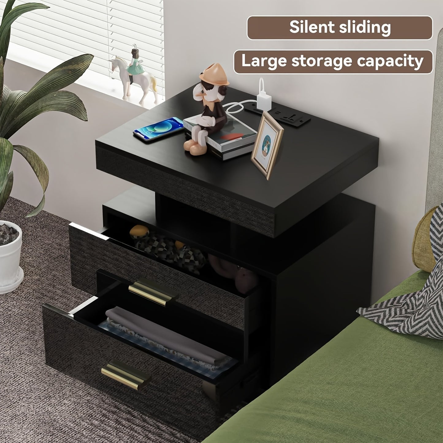 Bedside Table, Night Table With 2 Drawers, Connected Bedside Table, Side Table For Bedroom, Living Room