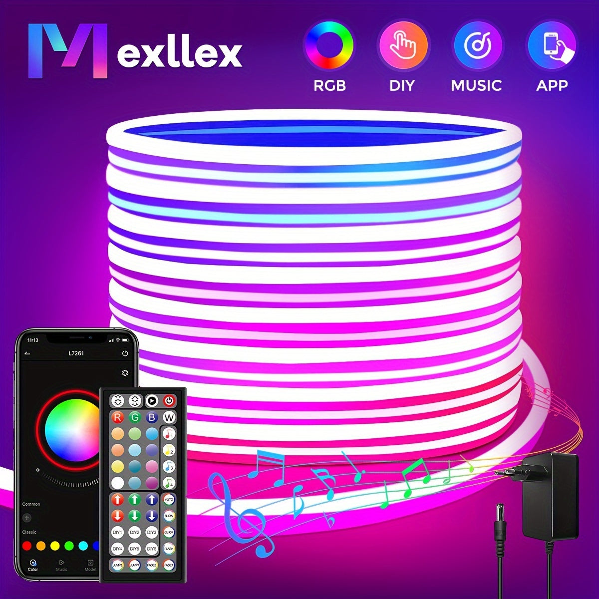 Mexllex RGB Neon Light Strip With 44-Key Remote Control, Connect With APP, Color And Brightness Adjustable, Music Mode, DIY Function, Used For Bedroom, Living Room, Study, Gift, Etc (EU Plug)