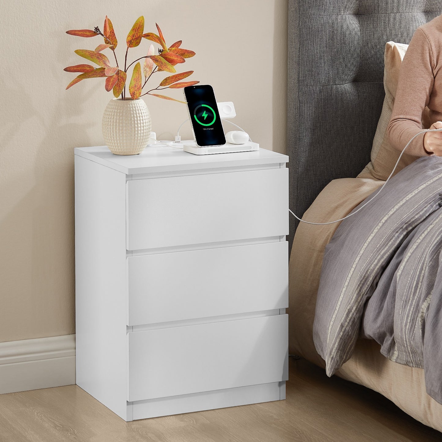 VASAGLE Nightstand with Charging Station, Side Table with 3 Drawers, 2 AC Sockets, 2 USB Ports, for Living Room, Bedroom, Study, Modern